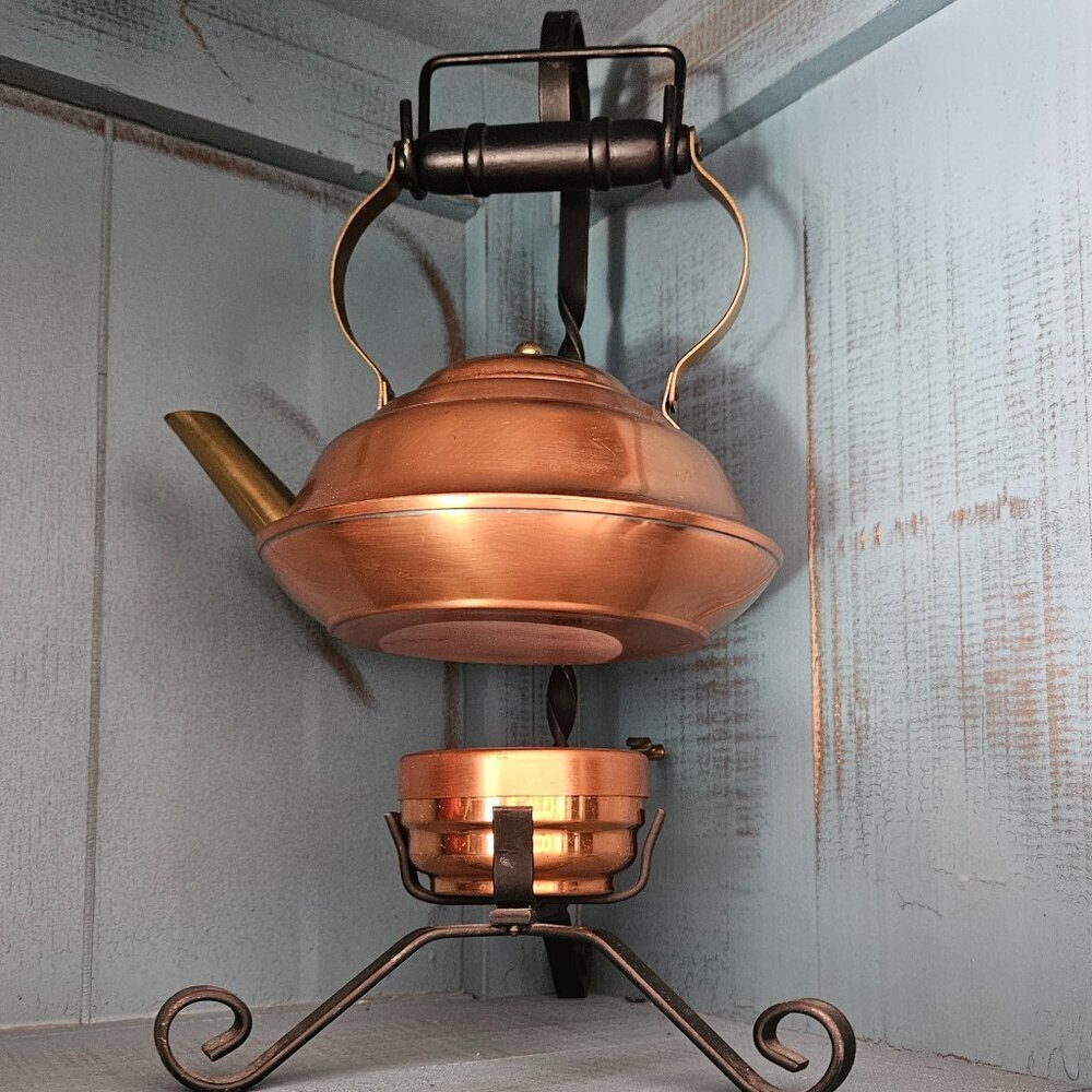 Coppercraft Guild Copper Tea Kettle w/Wrought Iron Warming Stand, vintage 70s